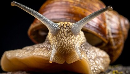 Intimate close-up of a common garden snail, showcasing its remarkable textured body, delicate eyestalks, and beautifully patterned spiral shell against a soft, dark backdrop
