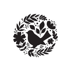 Floral Winter Bird Folk Art Logo Design. Christmas Linocut Print with Bird and Leaves. Vector Illustration Isolated on White Background. Lino Print of Round Composition. Hand Drawn Minimalist Stamp.
