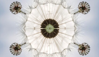Close-up symmetrical kaleidoscope view of a dandelion seed head against a soft blue sky
