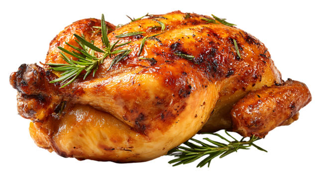 Whole roasted chicken with rosemary herbs on top, golden brown and crispy skin isolated on transparent background