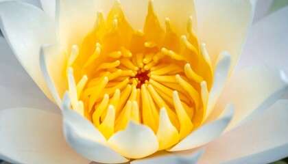 Close-up of a stunning white and yellow water lily showcasing intricate details, macro photography