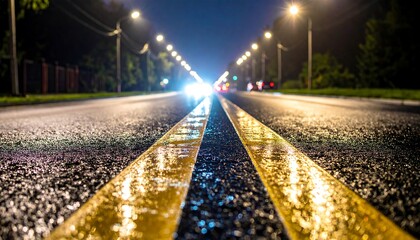 A wet road at night with illuminated street lights and vehicle headlights, creating a perspective