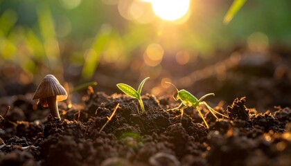 A tiny mushroom and a sprouting seedling emerge from rich soil bathed in the warm glow of a setting sun, symbolizing new life and growth in nature's embrace