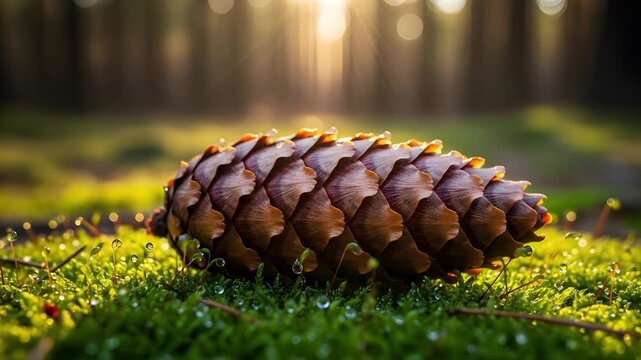 Hyper-detailed 4K macro shot of a pinecone resting on vibrant green moss, forest background softly blurred, sunlight rays creating warm highlights, natural color balance