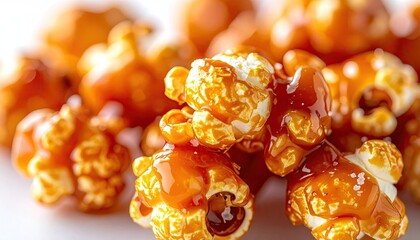 Close up of Caramel Popcorn glistening with melted sugar and salt crystals on a white surface with soft lighting creating a delicious and indulgent snack