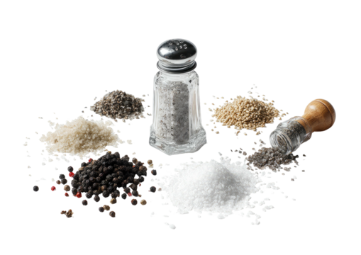 Assorted spices in piles, pepper mill, and salt shaker