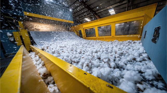 Industrial cotton processing facility with large yellow machinery and fluffy white cotton flowing through the conveyor system showcasing textile production