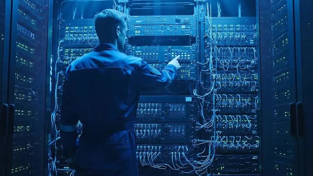 Server Room Technician Adjusting Equipment Rear View IT Professional Configuring Network Infrastructure Blue Toned Server Rack