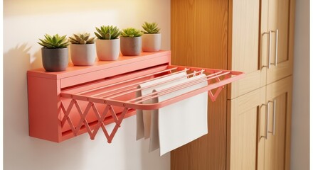 Pink wall mounted drying rack with white clothes inside the home