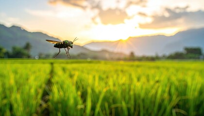 Close Up Macro Shot Of A Hoverfly Insect Mid Flight Over A Vibrant Green Rice Field During A Golden Sunset With Mountain Silhouettes In The Background