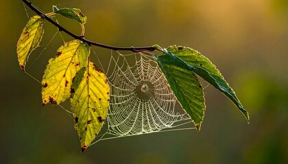 Dew drops on a delicate spiderweb strung between vibrant autumn leaves, catching the soft morning light