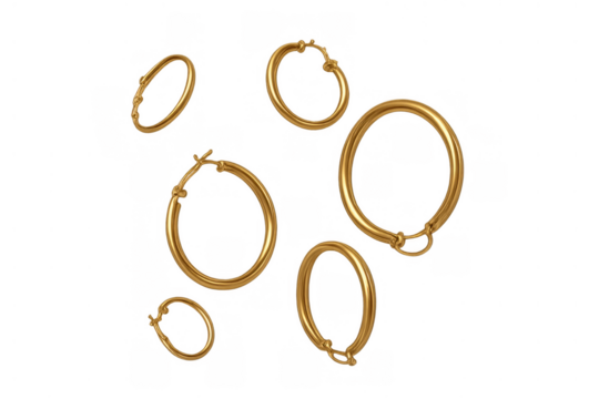 Gold hoop earrings in various sizes, luxurious metal circle jewelry, modern fashion accessory, elegant design