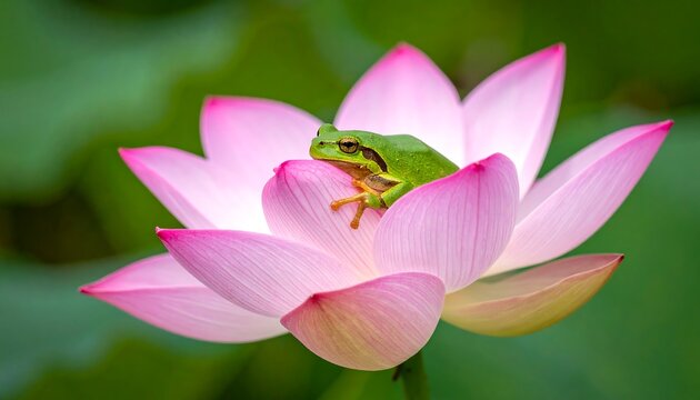 A Green Tree Frog Resting on a Beautiful Pink Lotus Flower