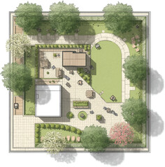 Top-Down Urban Plaza Design with Circular Courtyard and Green Space.