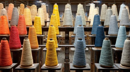 Obraz premium Vibrant Display of Colorful Yarn Cones in a Textile Factory Setting Showcasing Various Textures and Hues for Creative Crafting and Weaving Projects