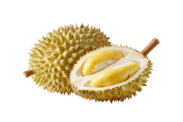 Obraz premium Spiky durian, one half sliced, reveals creamy yellow fruit