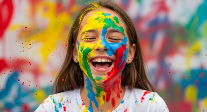 Joyful young girl with a face full of colorful paint splatters, laughing exuberantly against a vibrant artistic background, celebrating creativity and childhood fun