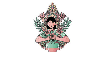 Illustration of a woman holding flowers surrounded by decorative floral elements and foliage