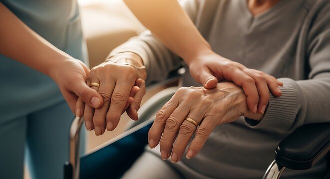 Compassionate Hands Holding Elderly Woman's in Wheelchair Warm Light