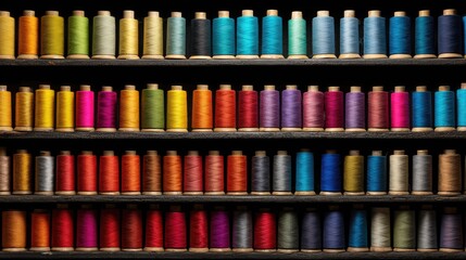 Naklejka premium Vibrant Display of Spools of Thread in Array of Colors Organized on Wooden Shelves for Sewing and Crafting Enthusiasts and Professionals