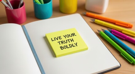 A yellow sticky note conveying inspirational words on a desk