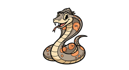 A friendly cartoon cobra, wearing a hat and smiling, stands on a white background