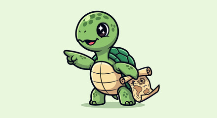 A charming cartoon turtle points and holds a map on parchment. The art style is clean and bright