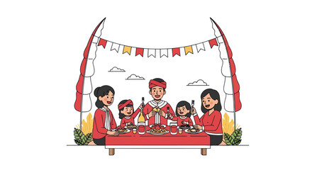 Illustration of a family dining together. Flags, bunting, and food decorate the scene