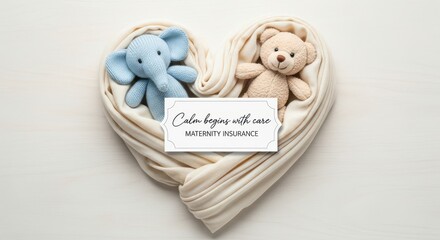 Baby toys and a card wrapped inside a heart shaped blanket