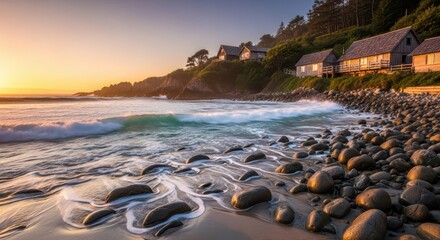 Coastal Houses at Sunset with Waves Crashing on Rocky Beach