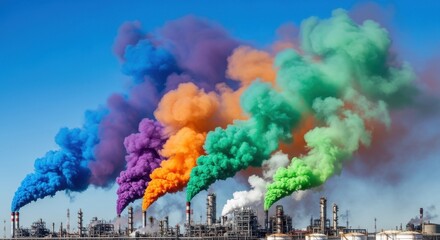 Colorful Industrial Smoke Plumes Rising Into a Blue Sky