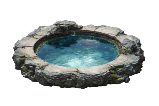 Round stone pool with light blue water