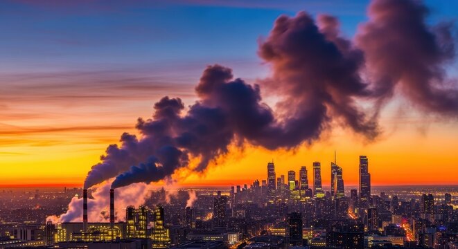 City Skyline with Pollution and Smog at Sunset - Powered by Adobe