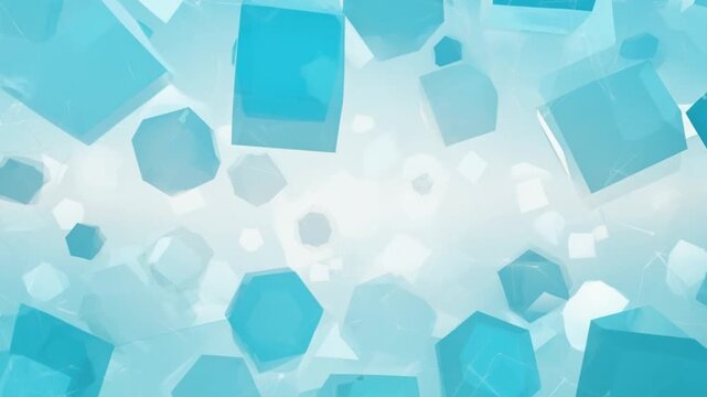 Abstract background of floating blue geometric polyhedrons and cubes connected by faint technological wireframes