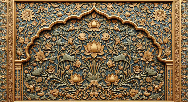 "Mughal-Inspired 3D Floral Relief Mural with Lotus and Vines &ndash; Lavish Textured Design with Subtle Shading for Depth and Realism. Lotus Vines in Mughal 3D Relief