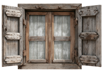 Rustic wood window with open shutters, textured glass