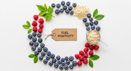 Healthy Food Arrangement with Berries Oats and a Positivity Tag