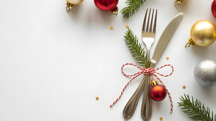 Festive Christmas table setting with silverware tied with twine decorated with ornaments and fir branches on a white background