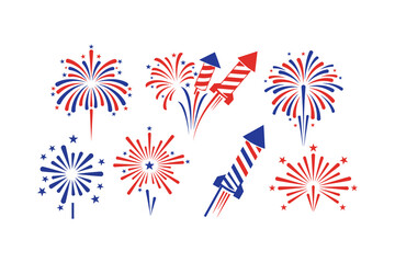 Obraz premium Fireworks Collection of red white and blue and rockets for celebrations, vector design