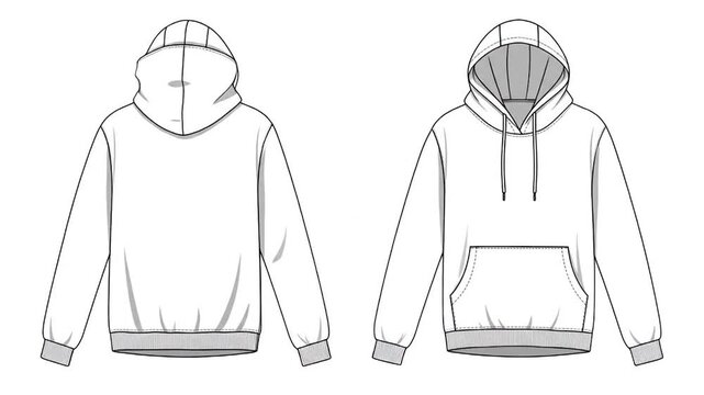 Two white hoodies, front and back views, presented as flat fashion sketches on a white background