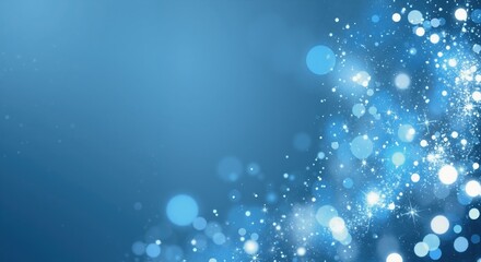 Blue festive background with sparkling lights and glitter effect. Abstract winter holiday wallpaper with copy space