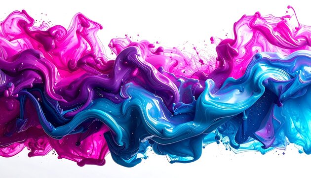 Vibrant abstract swirl of dynamic pink, purple, and blue liquid paints creating an artistic explosion of fluid color against a pristine white backdrop