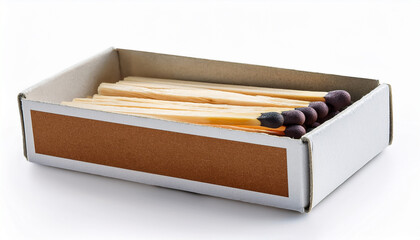 Open Cardboard Matchbox with Neatly Arranged Wooden Safety Matches on White Background — Blank Label Packaging Mockup, Minimal Studio Product Shot for Branding, Advertising, and Fire-Safety Concepts