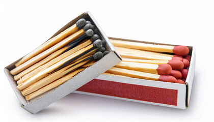 Burned and New Safety Matches in Two Open Matchboxes on White — Contrast Concept of Burnout vs Fresh Start, Studio Packaging Mockup for Messaging, Branding and Editorial Design