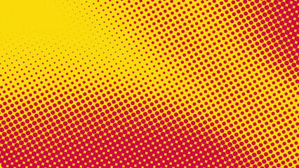 Vibrant yellow and magenta diagonal halftone dot pattern. Great for retro, pop art, comic, and abstract backgrounds, banners, or graphic overlays.