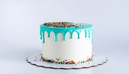 Minimal Drip Cake with Aqua Blue Ganache and Rainbow Sprinkles — Clean White Buttercream Party Cake with Negative Space, Studio Isolated for Editorial, Bakery Branding and Ad Mockups