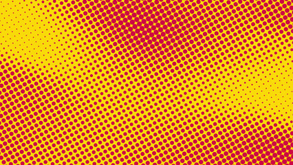 Vibrant yellow and magenta diagonal halftone dot pattern. Great for retro, pop art, comic, and abstract backgrounds, banners, or graphic overlays.