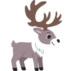 Cartoon reindeer with large brown antlers and fluffy white mane stands on a transparent background a whimsical arctic illustration for children