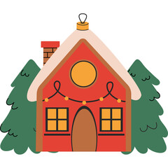 Cartoon Red Christmas House with Green Trees and Twinkling Lights Festive Holiday Decoration Vector Illustration