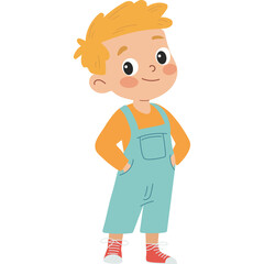 Cartoon Style Blond Haired Boy Wearing Teal Overalls and Orange Long Sleeved Shirt with Red Sneakers Standing with Hands on Hips White Background